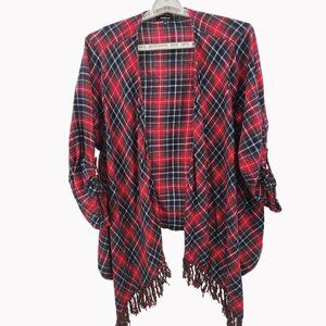 Torrid Plaid Brushed Flannel Kimono Drape Front Fringe Trim Size 2 18/20 Red
